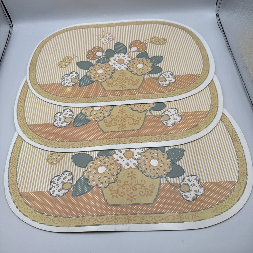 Set Of 3 Yellow Floral Placemats Vinyl Cover 1970's. Granny Core Cottage Core